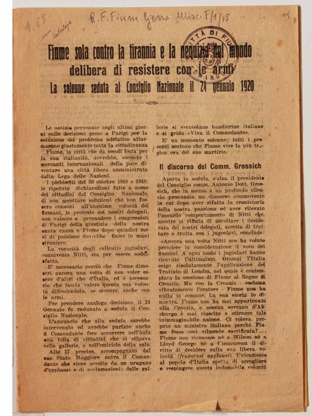 Fiume sola contro la tirannia e la nequizia del mondo delibera di resistere con le armi. La solenne seduta al Consiglio Nazionale il 24 gennaio 1920